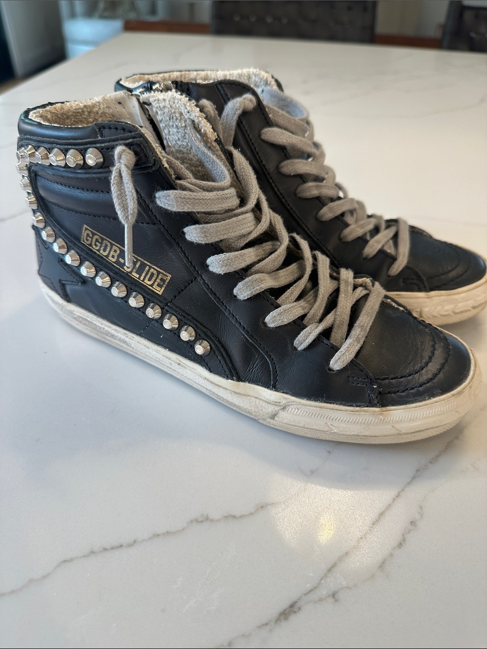 Golden Goose Slide Black High-Top Sneakers with Silver Studs